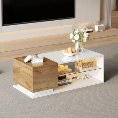 A modern living room scene featuring a coffee table with storage and LED lighting, placed in front of a TV stand.