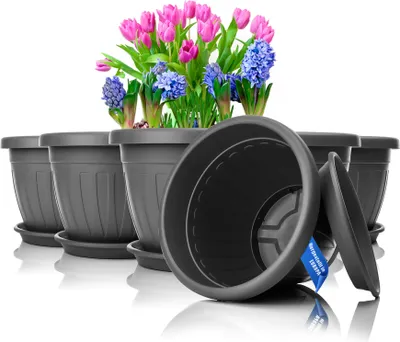 Produktbild von BigDean 6x Blumentopf mit Untersetzer rund ø33xH25 cm anthrazit - wetterfester Pflanzkübel - Wasserablauf UV-beständig aus bruchsicherem Kunststoff
