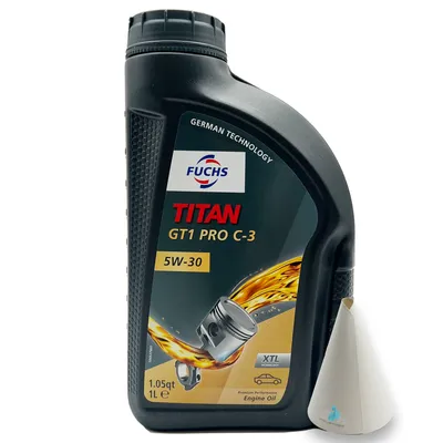 A bottle of engine oil with a funnel next to it, on a white background.