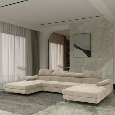 Produktbild von Masseno Ecksofa DETTI mit Schlaffunktion U-Form, Sofa mit Bettkasten, Wohnzimmersofa, Couch, Soffa, Bettsofa, Couchgarnitur- Creme, MONOLITH 04