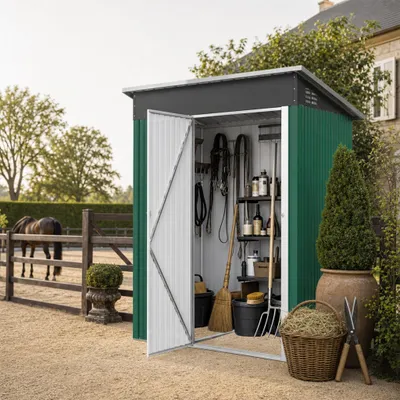 Immagine prodotto di QEENTOE, capanno per attrezzi in metallo, capanno da giardino da 4 m³, inclusa base, porta scorrevole, capanno da giardino, casetta da giardino per attrezzi, dimensioni 6 x 4 piedi, colore verde