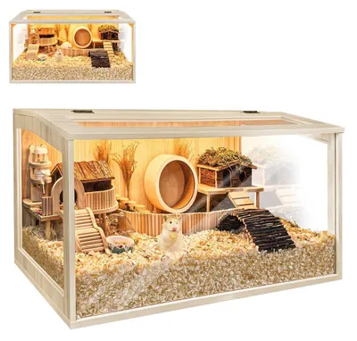Obrázek produktu pro Velký dřevěný klec pro myši a potkany, s otevíracím víkem, s akrylovými panely, barva béžová, rozměry 61 cm