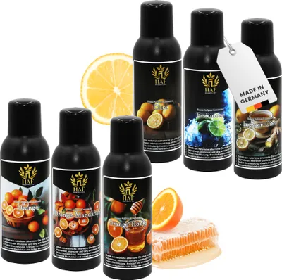 Produktbild von HAF Saunaaufguss Set „Zitrusfrüchte“ - 6 x 250ml Sauna Aufgussmittel Citro, Eislimone, Ingwer-Citro, Orange, Orange Mandarine, Orange-Honig