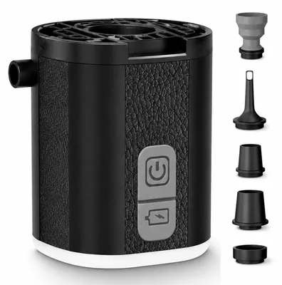 Produktbild von Mini elektrische Luftpumpe 3 in 1, kabellose Camping Luftpumpe mit LED Licht, 1600mAh Akku und 5 Düsen, tragbar für Luftbett, Schwimmring und Outdoor