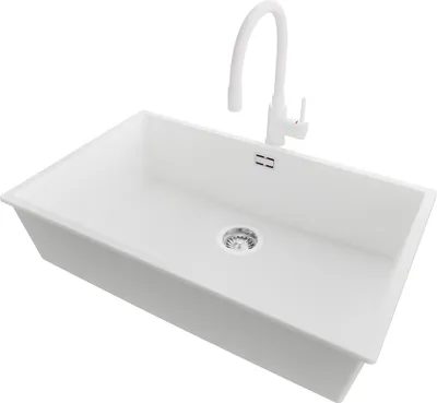 Produktbild von PRIMAGRAN Unterbauspüle Granit Weiß 76x47cm, Spülbecken 1 Becken + Küchenarmatur 38x14cm + Ablauf-Set, Granitspüle ab 80er Unterschrank - London