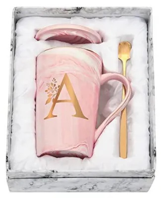 Image de Tasse à café avec la lettre "A", motif floral, 400 ml, rose, avec cuillère et sous-tasse
