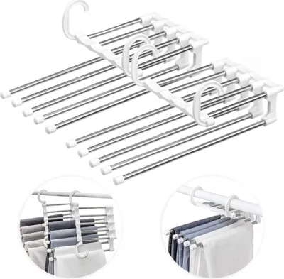 Produktbild von Hosenbügel Platzsparend Mehrfach, 2 Stück Hosen Kleiderbügel aus Edelstahl Ausziehbar, Faltbare Multi Bügel, Magic Hanger Organizer Schrank kleiderbügelhalter,Weiß