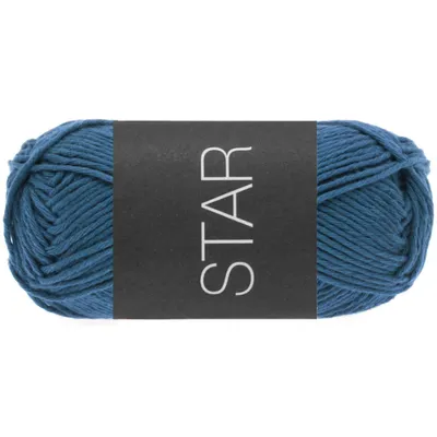 A ball of blue yarn with a black label.