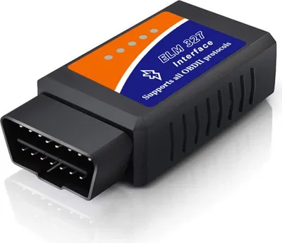 A close-up studio shot of an OBD2 Bluetooth adapter, angled to show its connector and top label.