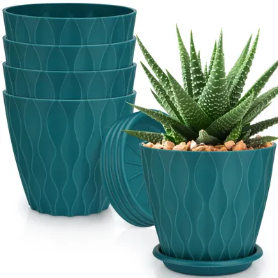 Image de Pots de fleurs avec trou de drainage et soucoupes, 15 cm, lot de 5, pour intérieur et extérieur