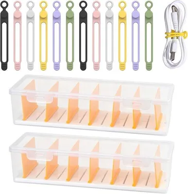Produktbild von Famanu Kabelorganizer - 2 Stück aus transparentem Kunststoff mit 7 abnehmbaren Trennwänden und 14 Kabelbindern