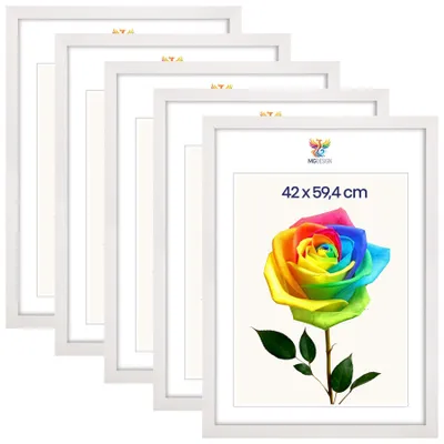 Produktbild von MG Design 5er Set Bilderrahmen Weiß A2 42x59,4 cm - Posterrahmen Echtholz mit Acrylglas, stabile Wandaufhängung, hoch/quer