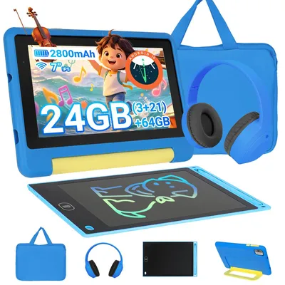 Image de Tablette pour enfants de 7 pouces avec étui de protection, système d'exploitation Android 15, 24 Go (3 Go + 21 Go) + 64 Go de stockage, écran HD 1024 x 600, Wi-Fi 6, double caméra, couleur bleue