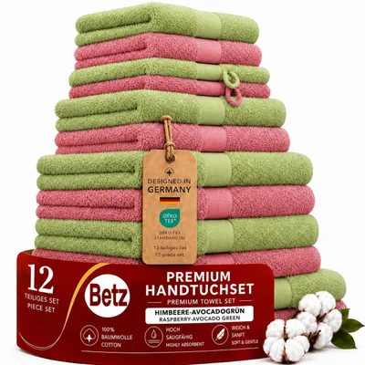 Produktbild von Betz 12-tlg. Handtuch-Set PREMIUM 2 Duschtücher 4 Handtücher 2 Gästetücher 2 Seiftücher 2 Waschhandschuhe Farbe: himbeere / avocadogrün