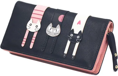 Produktbild von Geldbörse Damen Portemonnaie Lang Portmonee mit Vielen Kartenfächern Reißverschluss und Druckknopf Geldbeutel Katze Geldtasche Groß für Frauen (Schwarz)
