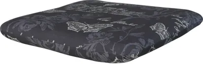 A square cushion with a floral and butterfly pattern on a white background.