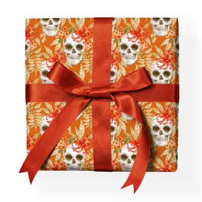 Produktbild von Cooles florales Geschenkpapier mit Totenkopf & Blüten, orange - G23033, 32 x 48cm
