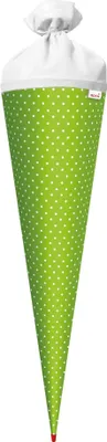 Produktbild von Bastel-Schultüte groß grün - weiße Punkte 70 cm rund Rot(h)-Spitze und Filzverschluss weiss