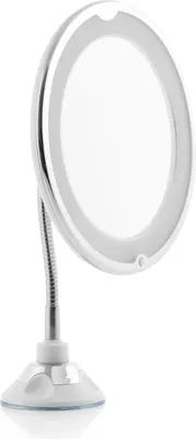 A close-up, studio shot of a white and silver LED magnifying makeup mirror with a flexible gooseneck and suction cup base, isolated on a white background.