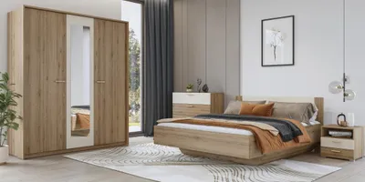 Productafbeelding van Complete kamer VERTIGO - Bed 180x200 met lattenbodem, 2 nachtkastjes, 3-deurs kast, dressoir + design frame