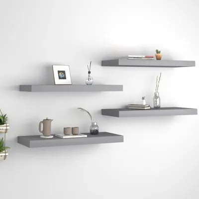 Image de Étagères murales flottantes, lot de 4, couleur gris, dimensions 60 x 23,5 x 3,8 cm, en MDF