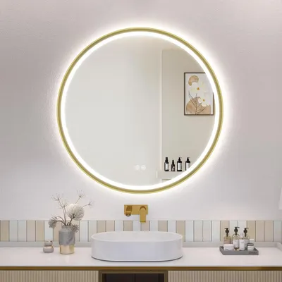Immagine prodotto di Specchio da bagno illuminato, diametro 60 cm, cornice rotonda in alluminio dorato, antiappannamento, temperatura di colore regolabile da 3000 a 6500K, grado di protezione IP44, funzione di memoria