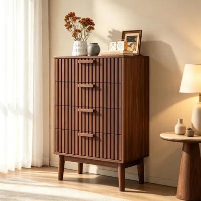Produktbild von INONEFT Kommode mit 4 Schubladen, Sideboard Buffetschrank mit Holzbeinen, Aufbewahrungskommode, Highboard, 60x34x91cm, Walnussholzfarbe