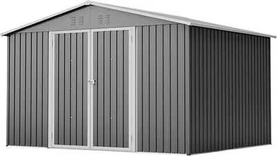 Productafbeelding van Tuinhuis van metaal, tuinschuur, 300x252x191 cm, met openslaande deur. Tuinhuis, tuinschuurtje met zadeldak en opbergruimte. Tuinhut, fietsenschuur voor tuingereedschap, grijs