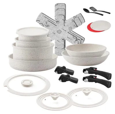 Immagine prodotto di Set di pentole e padelle da 23 pezzi, adatto per induzione, con rivestimento antiaderente in Vetroceramica, privo di , manico removibile, impilabile e adatto al forno, colore bianco