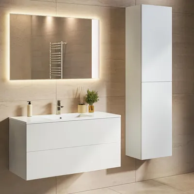 Produktbild von LOMAZOO Badmöbelset NUVANO 100 cm - Mit Hochschrank - Glänzend Weiß - Waschbecken Weiß