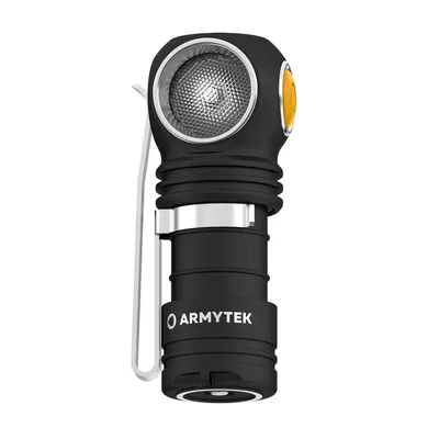 A black Armytek flashlight with a silver clip and a yellow button is shown against a white background.