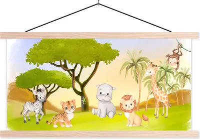 Produktbild von MuchoWow® Textilposter Dschungel - Tiere - Kinder 60x30 cm mit holzfarbenen Rahmen - Dekoration