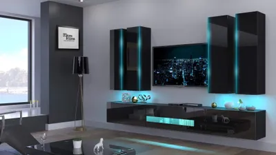 Image de Furnitech Meuble-paroi Salon - Meubles de salon avec LED Blanc - Meuble-paroi suspendu Moderne - Étagères et meuble TV (Carmen AN52-18HG-B1 GS5 - sans pieds)