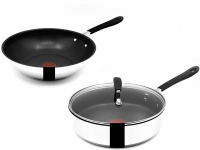 Produktbild von Tefal Jamie Oliver Pfannenset - Wok 28 cm + Schmorpfanne 25cm mit Deckel Induktion, Pfannen Edelstahl, Antihaft Beschichtet, Pfannen Hoher Rand