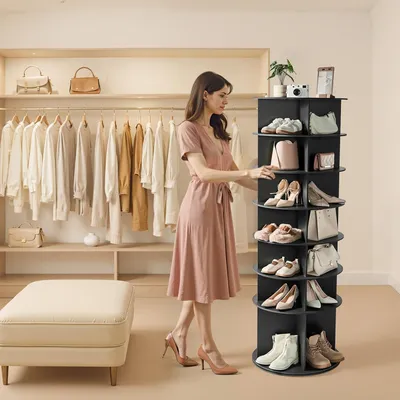 Produktbild von Drehbarer Schuhschrank für 28 Paar Schuhe, 7 Ebenen, 360° drehbare Schuhaufbewahrung, platzsparendes Schuhregal für Schlafzimmer, Wohnzimmer und Eingangsbereich, Schwarz, 598 x 598 x 1805 mm
