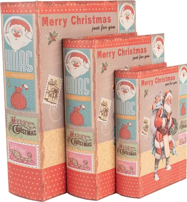 Obrázok produktu pre Clayre & Eef Úložný box Set 3 kníh 27 /22 /17 cm Červený drevený Father Christmas