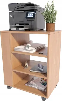 A printer sits on top of a wooden printer stand with wheels. The stand has three shelves, with paper, a stapler, and books on them. A potted plant is on top of the printer stand next to the printer.