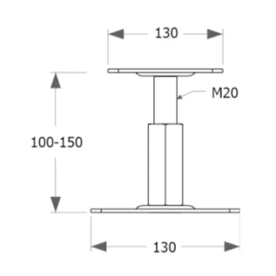 A technical drawing of an adjustable support foot with dimensions and thread size indicated.