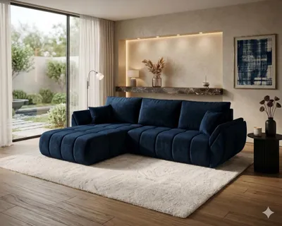 Produktbild von CORNERO Ecksofa mit Schlaffunktion SYDNEY PREMIUM Sofa L-Form Couch mit Bettkasten, Eckcouch mit Stauraum Dunkelblau Ottomane links