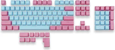 A collection of keyboard keycaps in blue and pink.