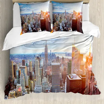 Produktbild von ABAKUHAUS New York Bettbezug Set, Sonnenuntergang in der Manhattan-Insel im Stadtzentrum gelegenen Brooklyn-Finanzbezirkswolkenkratzern, 155 x 220 cm + 80 x 80 cm, Mehrfarbig