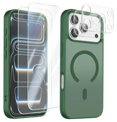 Immagine prodotto di Avizar, custodia protettiva MagSafe per iPhone 17 Pro Max, con 2 protezioni in vetro temperato e 2 pellicole protettive per la fotocamera, colore verde scuro