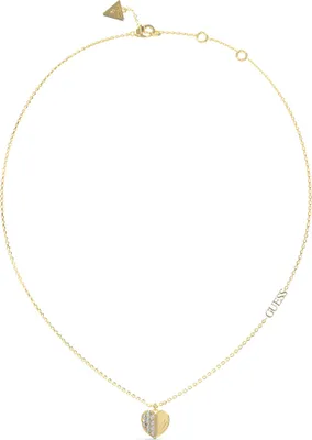 A gold necklace with a heart-shaped pendant on a white background.