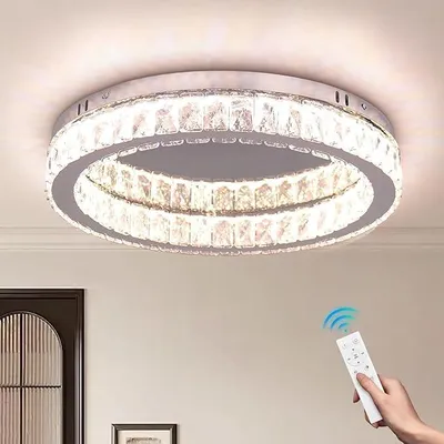 Zdjęcie produktu dla Okrągła lampa sufitowa LED z kryształem, średnica 45 cm, możliwość regulacji jasności, temperatura barw 3000-6500K | Zintegrowane diody LED o mocy 48W, regulacja jasności od 5% do 95%, pilot i aplikacja, funkcja nocnej lampki, timer i funkcja zapamiętywania ustawień, idealna do salonu i kuchni
