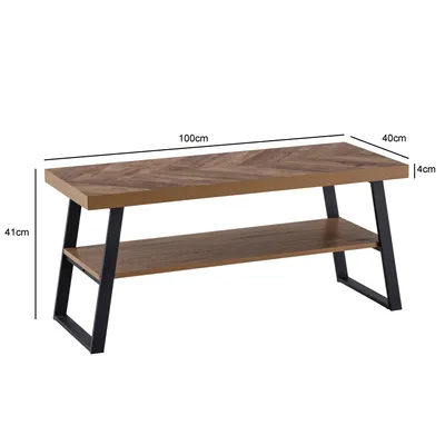 A product shot of a wooden coffee table with black metal legs, showing dimensions.