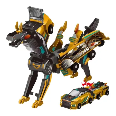 A toy robot in the shape of a dog and a toy car are displayed against a white background.