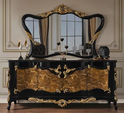 Produktbild von Casa Padrino Luxus Barock Möbel Set Sideboard mit Spiegel Braun / Schwarz / Gold - Prunkvoller Massivholz Schrank mit 4 Türen und elegantem Wandspiegel - Möbel im Barockstil