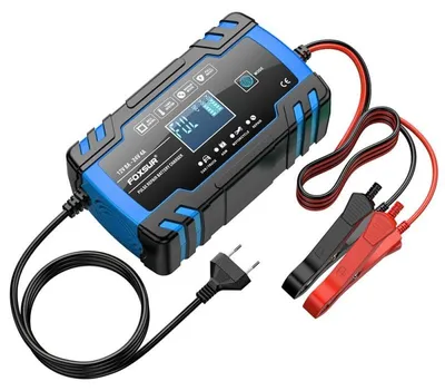 Zdjęcie produktu dla Ładowarka akumulatora samochodowego z mikroprocesorem Foxsur B0228-L, 12/24V, 4/8A, wyświetlacz LCD, funkcja naprawy impulsowej, 170x98x58mm, niebieski