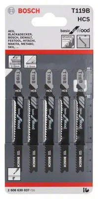 Image de 5 Lames de scie sauteuse pour le bois T 119 B Basic for Wood - pas de 1,9-2,3 mm longueur 92 mm - BOSCH - 2608630037