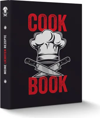 Produktbild von itenga Rezeptordner Kochrezepte-Ringbuch DIN A5 Cook Book Kochmütze Messer schwarz rot weiß